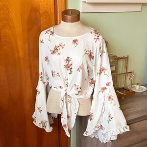 Altar'd State White Floral Tie-Front Bell Sleeve Blouse